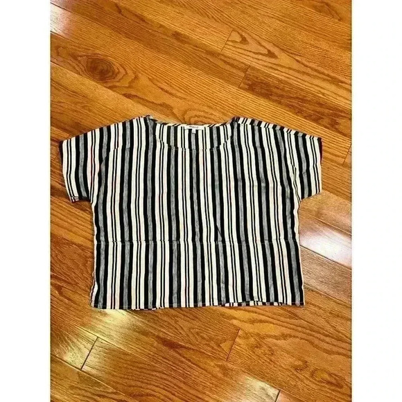Madewell Tops - Madewell Striped Cropped Linen Blend Short Sleeve Top S Boxy Lagenlook Artsy